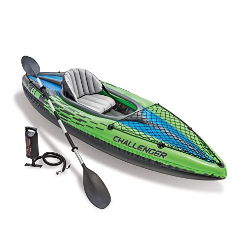 INTEX Challenger Inflatable Kayak Series: Includes Deluxe 86in Kayak Paddles and High-Output Pump – SuperStrong PVC – Adjustable Seat with Backrest – Removable Skeg – Cargo Storage Net