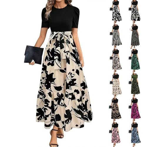 Long Floral Dresses for Women 2025 Summer Elegant Short Sleeve Patchwork Boho Maxi Dress Flowy Empire Waist Dress