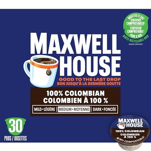 Maxwell House Colombian Coffee 100% Compostable K Cup Coffee Pods, 292g (4 Boxes of 30 Pods)