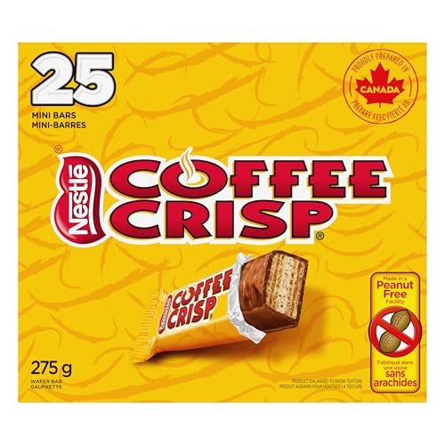COFFEE CRISP Mini Wafer Bars, Peanut-free Halloween Candy, Individually Wrapped, Chocolatey Coated Wafers with Coffee Crème Filling, Natural Flavours and Colours, Prepared in Canada, 275 g