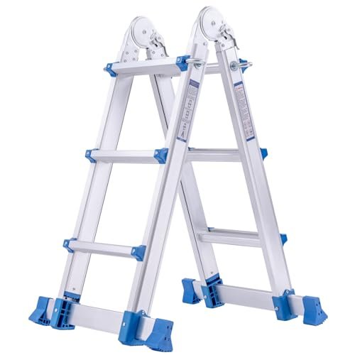 SPIEEK 14 FT Extension Ladder, A Frame 3 Step Ladder 330 lbs Capacity, Anti-Slip Multi Position Telescoping Ladder Aluminum Folding Ladder with Stabilizer Bar for Household or Outdoor Work