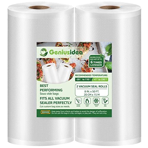 8”x50′ Vacuum Sealer Bags for Food Saver (2 Pack), Commercial Grade Sealer Saver Rolls for Meal Prep or Sous Vide, BPA Free, Heavy-Duty